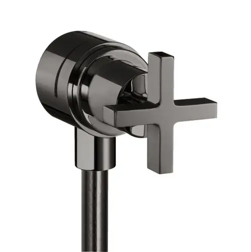 Wandanschluss Stop mit Rückflussverhinderer von AXOR, ausgestattet mit einem Kreuzgriff in Polished Black Chrome, für die Regulierung des Wasserflusses.